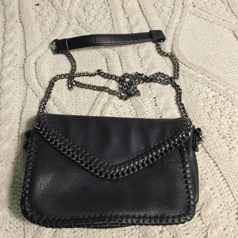 Sondra Roberts Squared Crossbody Bag Black Whipstitch Chain Red Lined